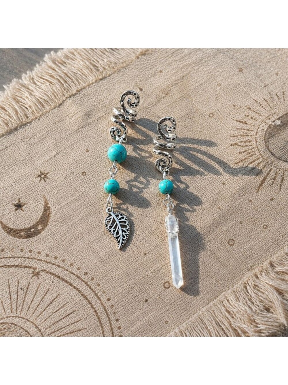 Silver Tone 2pcs hair Spirals with Turquoise & Clear Quartz Gemstones Leaf Charm
